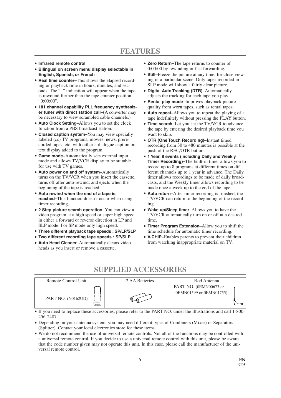 Features, Supplied accessories | Emerson EWC1303A User Manual | Page 6 / 32