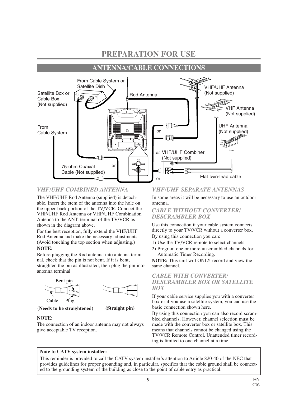 Preparation for use, Antenna/cable connections, Vhf/uhf combined antenna | Cable without converter/ descrambler box, Vhf/uhf separate antennas | Emerson EWC1303A User Manual | Page 9 / 32