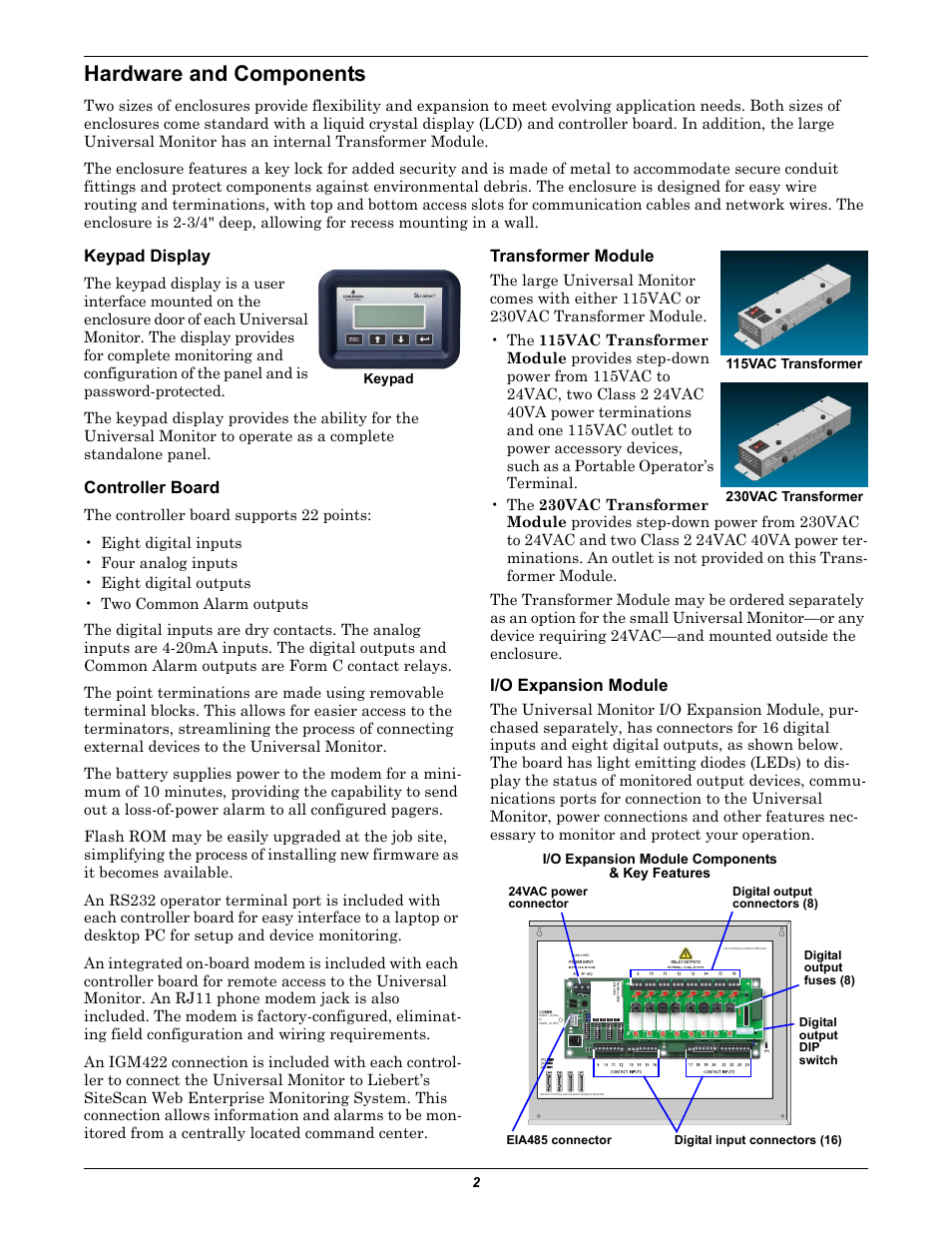 Hardware and components, Keypad display, Controller board | Transformer module, I/o expansion module, I/o expansion module components & key features | Emerson Liebert UML23000 User Manual | Page 2 / 4