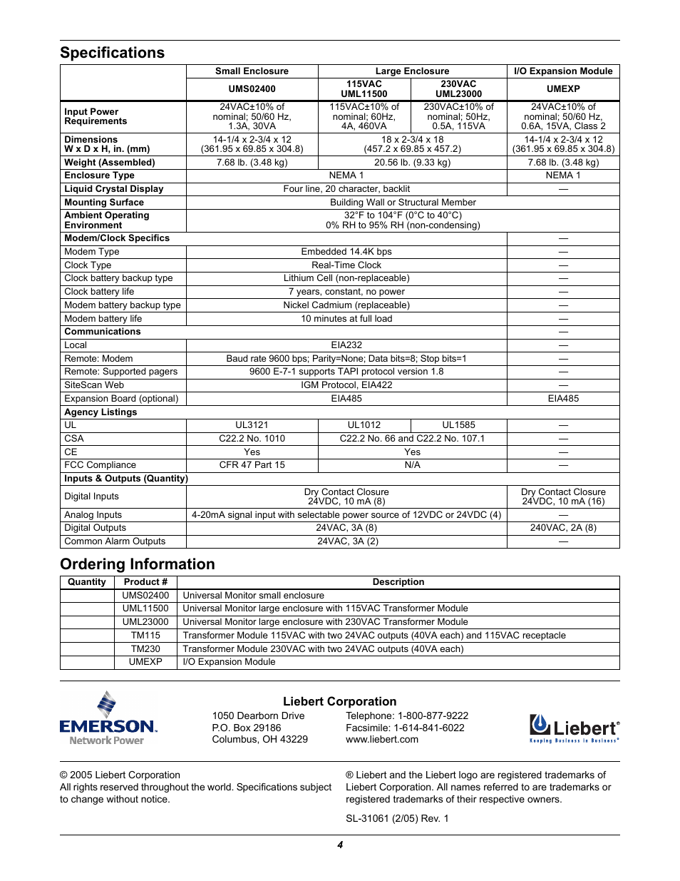 Specifications, Ordering information, Specifications ordering information | Liebert corporation | Emerson Liebert UML23000 User Manual | Page 4 / 4