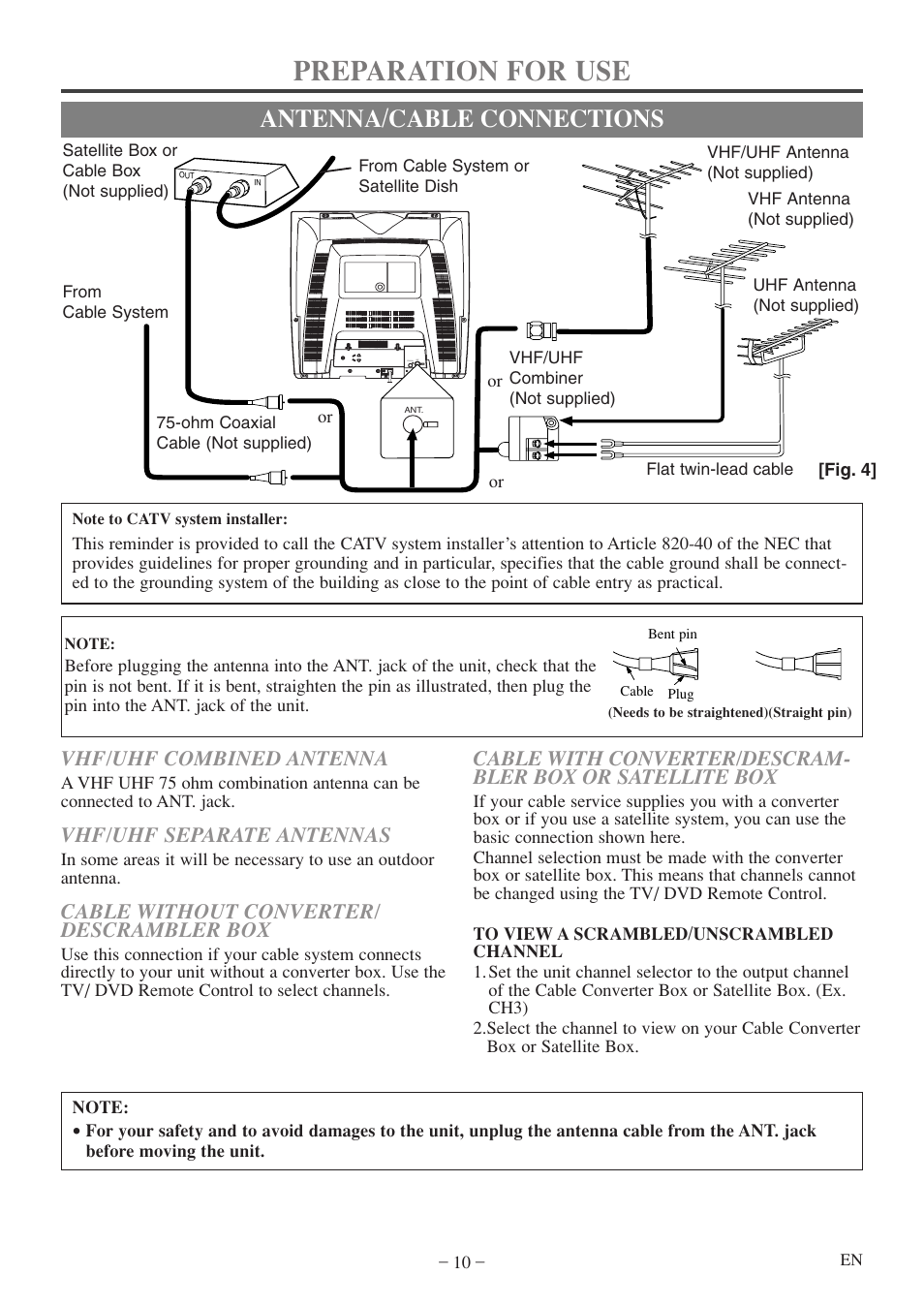 Preparation for use, Antenna/cable connections, Vhf/uhf combined antenna | Vhf/uhf separate antennas, Cable without converter/ descrambler box | Emerson EWC20D5 A User Manual | Page 10 / 40