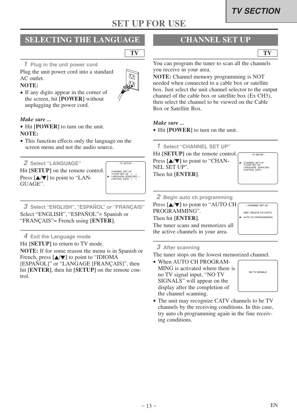 Set up for use, Selecting the language, Channel set up | Emerson EWC20D5 A User Manual | Page 13 / 40
