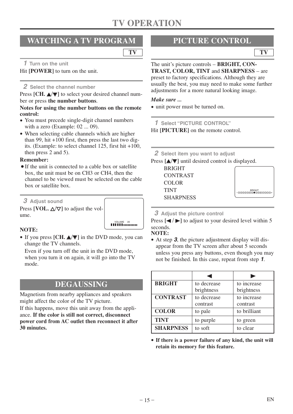 Tv operation, Degaussing, Watching a tv program | Picture control | Emerson EWC20D5 A User Manual | Page 15 / 40