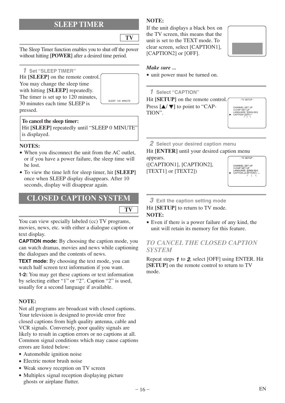 Closed caption system, Sleep timer | Emerson EWC20D5 A User Manual | Page 16 / 40