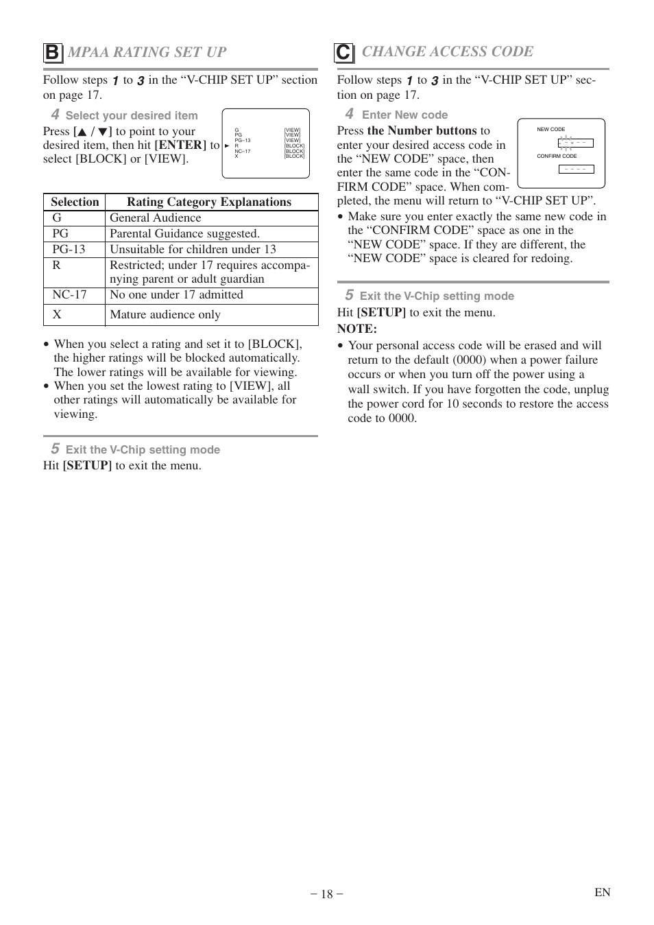 Mpaa rating set up, Change access code | Emerson EWC20D5 A User Manual | Page 18 / 40