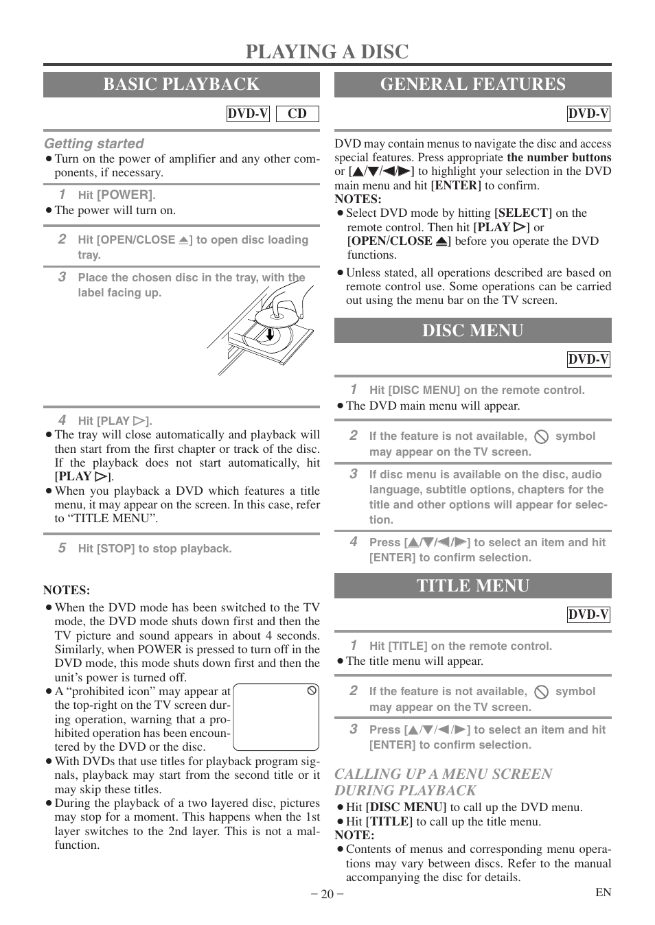 Playing a disc, Basic playback, General features | Title menu, Disc menu, Calling up a menu screen during playback | Emerson EWC20D5 A User Manual | Page 20 / 40