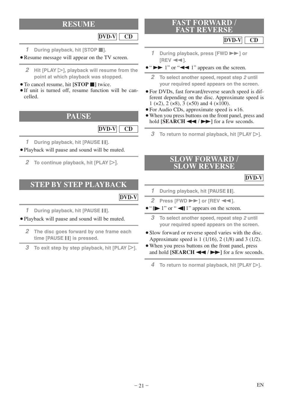 Step by step playback, Resume, Pause | Emerson EWC20D5 A User Manual | Page 21 / 40
