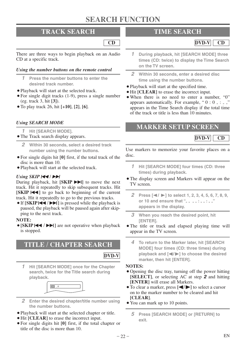 Search function, Track search, Title / chapter search | Time search, Marker setup screen | Emerson EWC20D5 A User Manual | Page 22 / 40