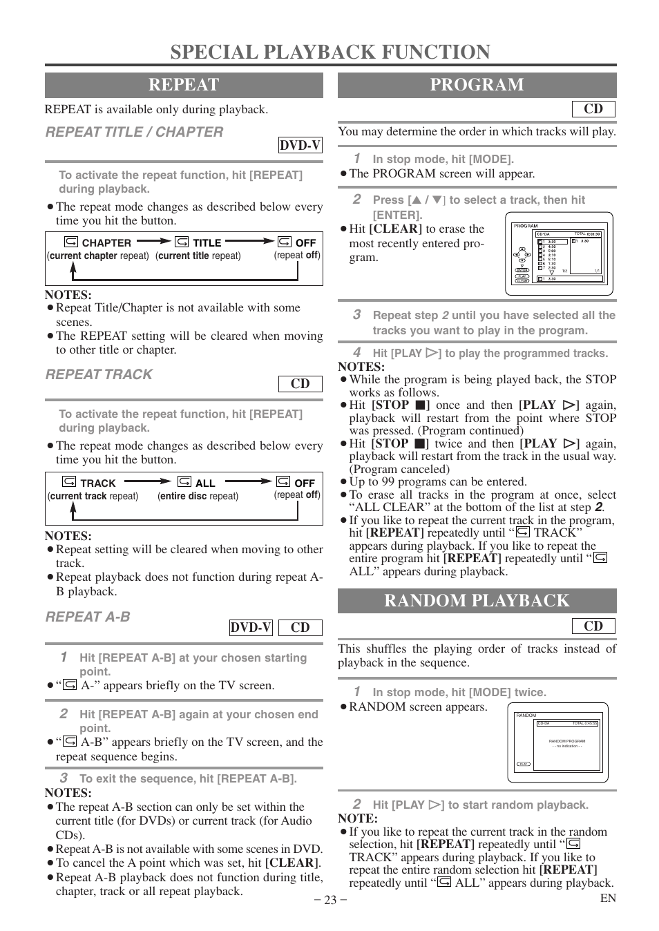 Special playback function, Repeat, Program | Random playback, Repeat title / chapter, Dvd-v, Repeat track, Repeat a-b 1, Cd dvd-v | Emerson EWC20D5 A User Manual | Page 23 / 40