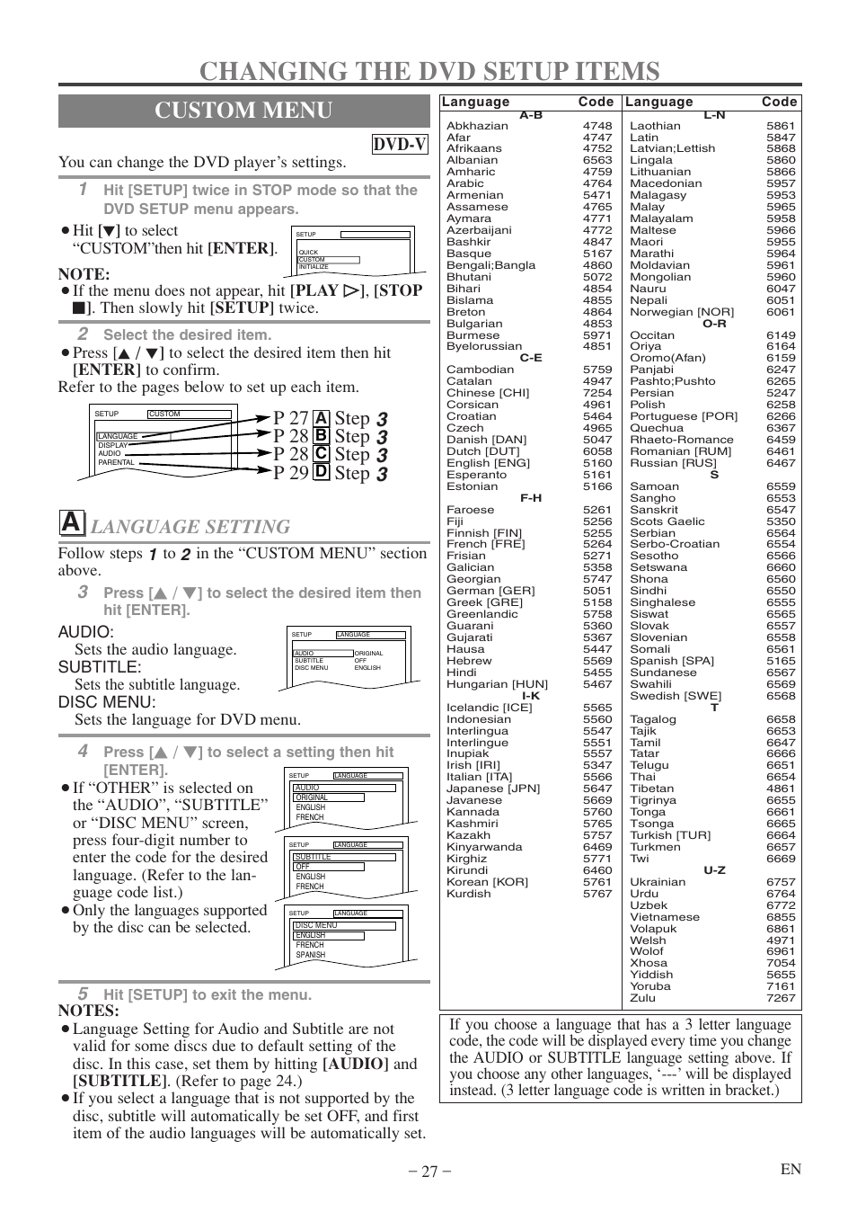 Changing the dvd setup items, Custom menu, Language setting | Dvd-v, You can change the dvd player’s settings, Ab c d, Select the desired item, Press, Hit [setup] to exit the menu | Emerson EWC20D5 A User Manual | Page 27 / 40