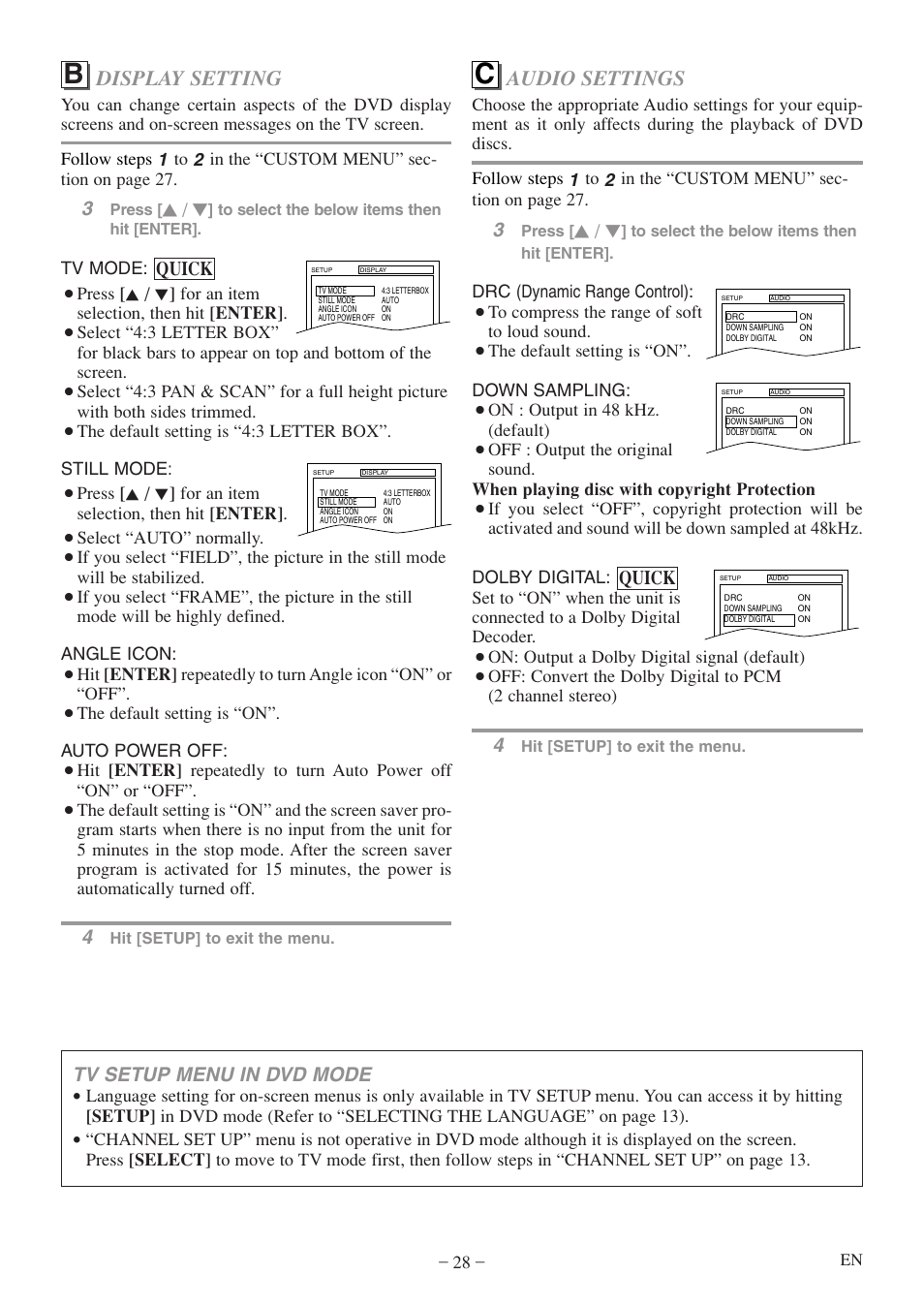 Audio settings, Display setting, Quick | Tv setup menu in dvd mode | Emerson EWC20D5 A User Manual | Page 28 / 40