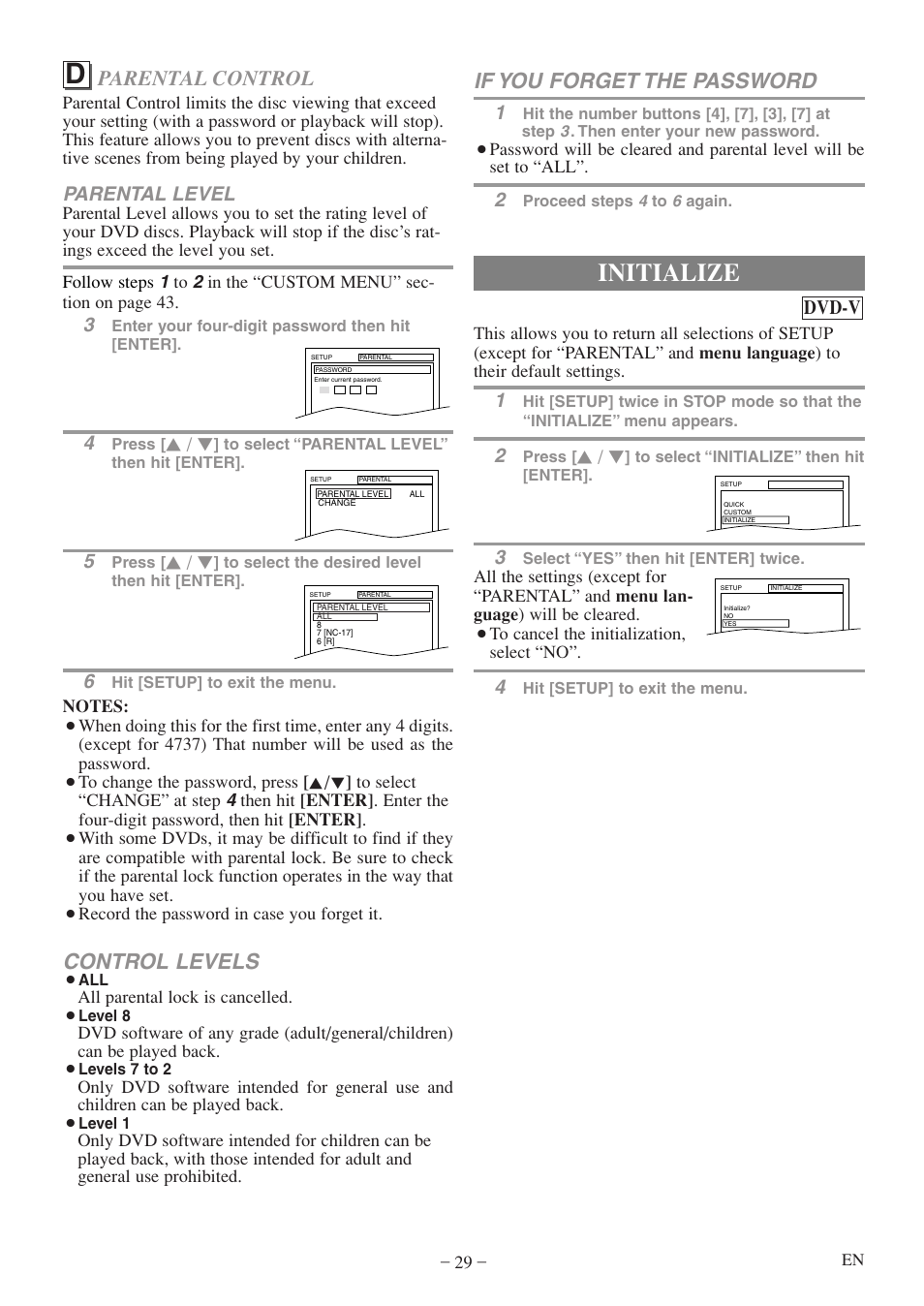 Initialize, Control levels, Parental control | If you forget the password, Parental level, Dvd-v | Emerson EWC20D5 A User Manual | Page 29 / 40