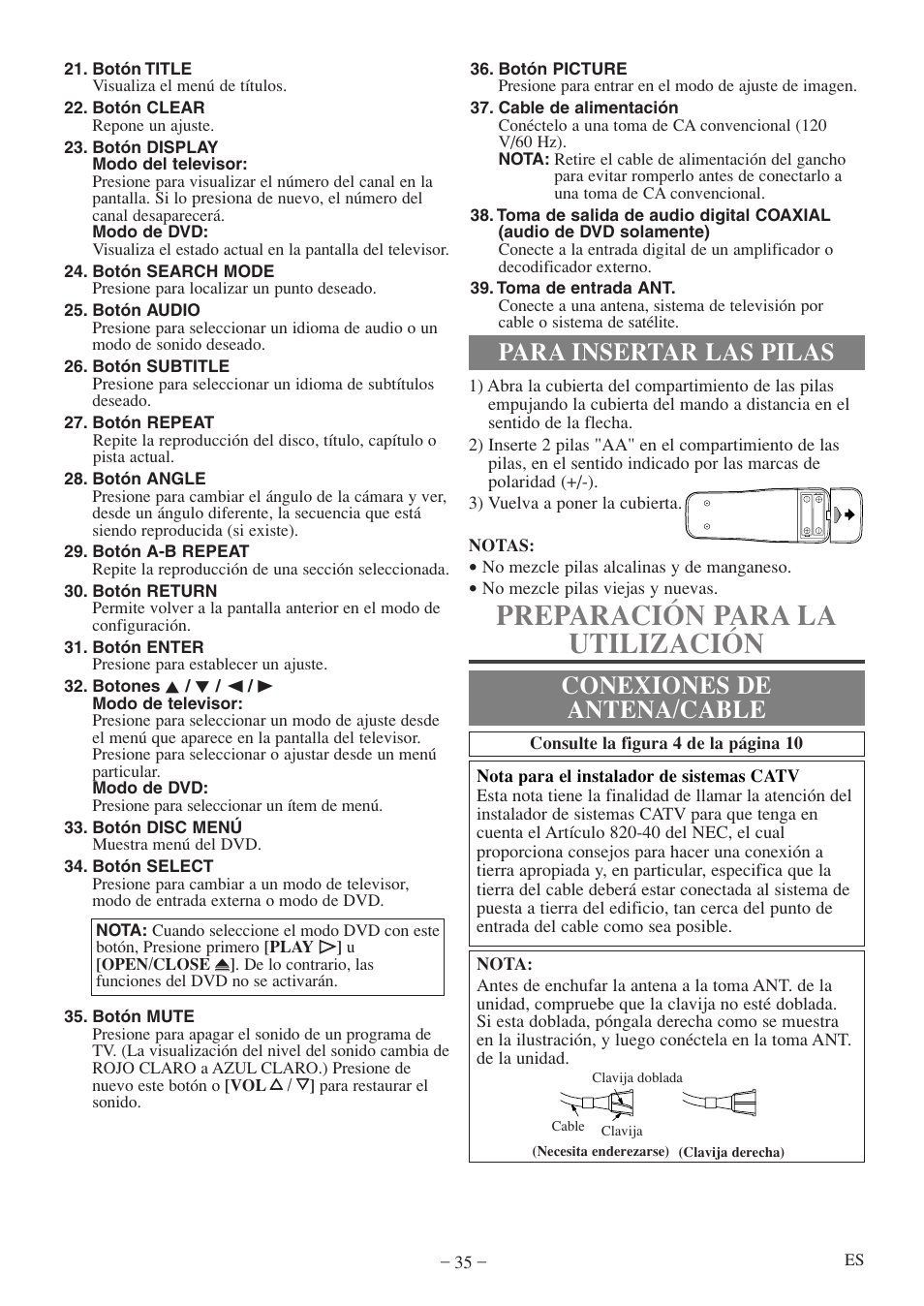 Preparación para la utilización, Para insertar las pilas conexiones de antena/cable | Emerson EWC20D5 A User Manual | Page 35 / 40