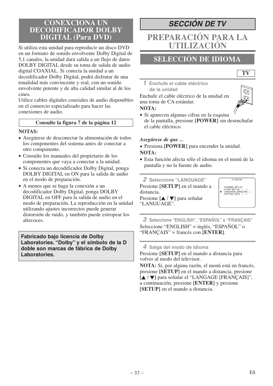 Preparación para la utilización, Selección de idioma sección de tv | Emerson EWC20D5 A User Manual | Page 37 / 40