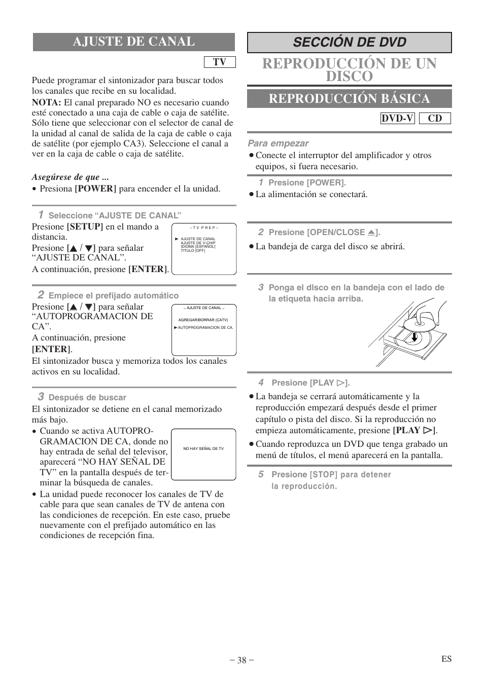 Reproducción de un disco, Ajuste de canal reproducción básica sección de dvd | Emerson EWC20D5 A User Manual | Page 38 / 40