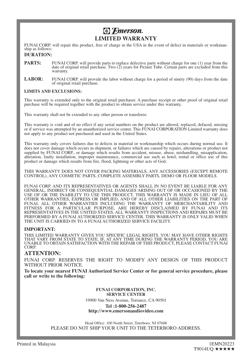 Limited warranty, Attention | Emerson EWC20D5 A User Manual | Page 40 / 40
