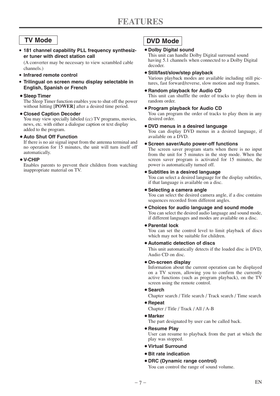 Features, Tv mode dvd mode | Emerson EWC20D5 A User Manual | Page 7 / 40