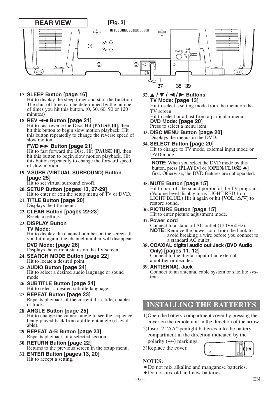 Installing the batteries, Rear view | Emerson EWC20D5 A User Manual | Page 9 / 40