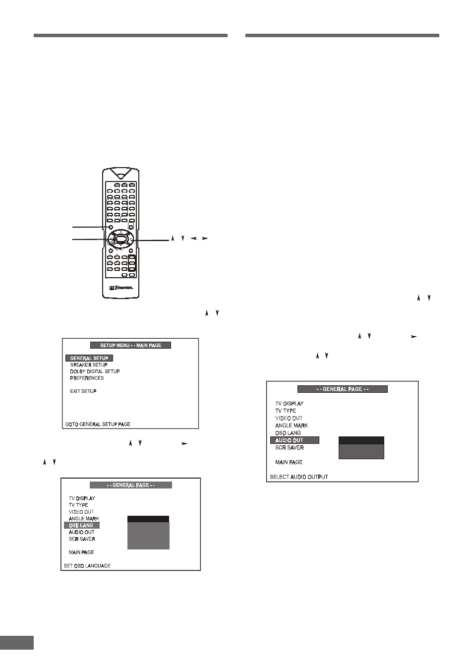 Selecting the on screen, Selecting the audio out | Emerson Radio AV301 User Manual | Page 32 / 52