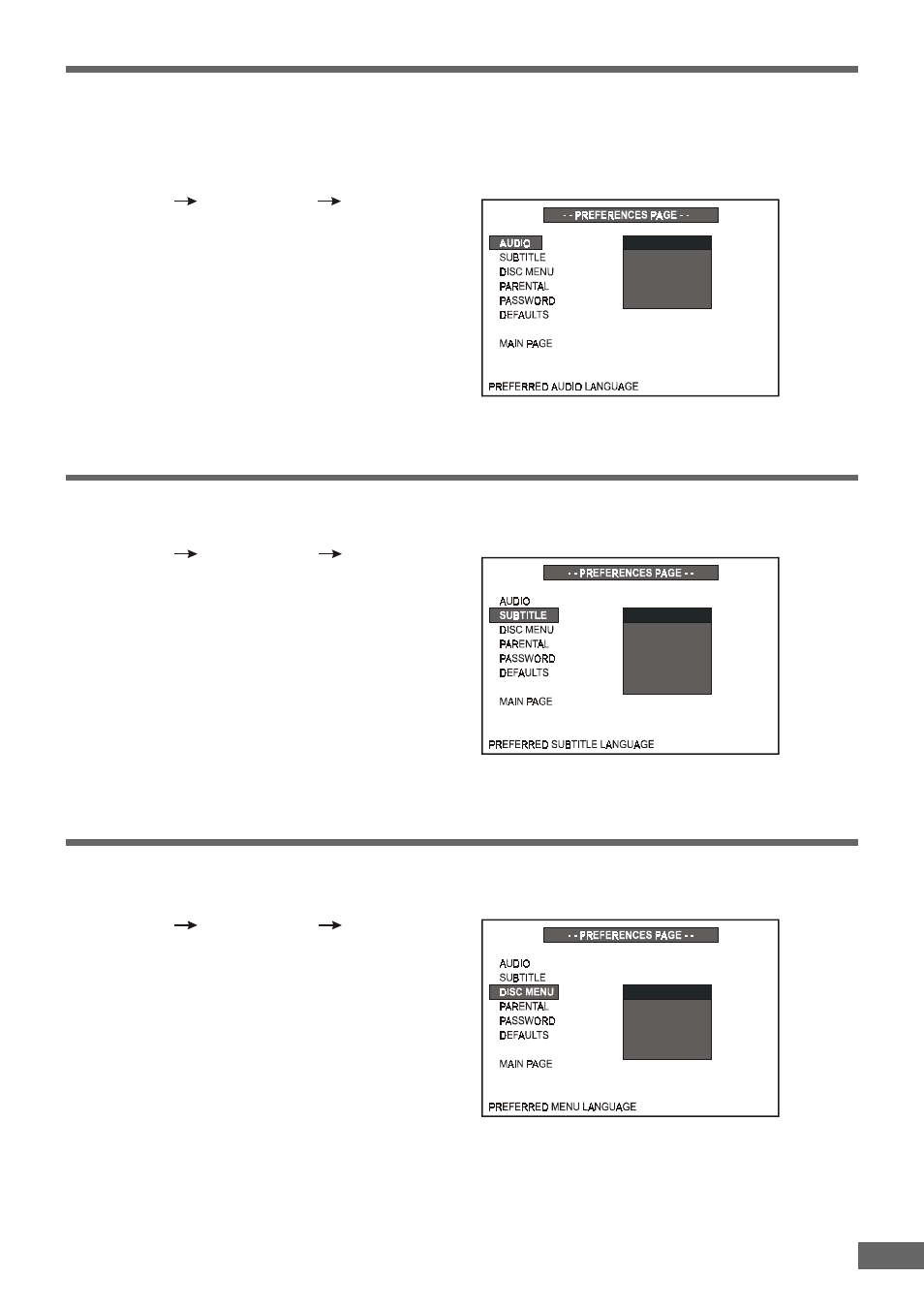 Selecting the language for audio, Selecting the language for subtitles, Selecting the language for disc menu | Emerson Radio AV301 User Manual | Page 37 / 52