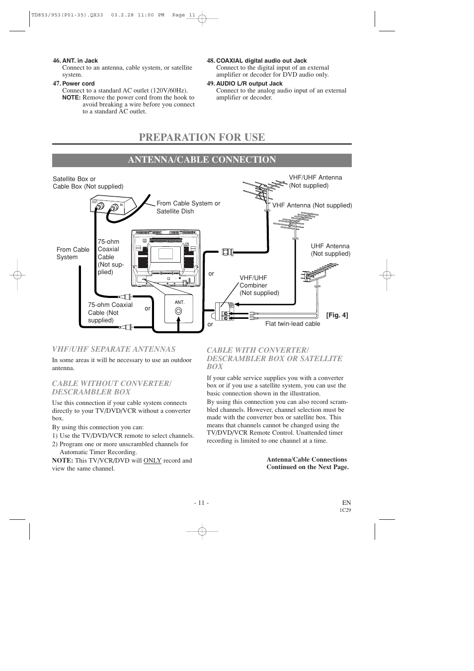 Preparation for use, Antenna/cable connection | Emerson EWC19T3 User Manual | Page 11 / 56