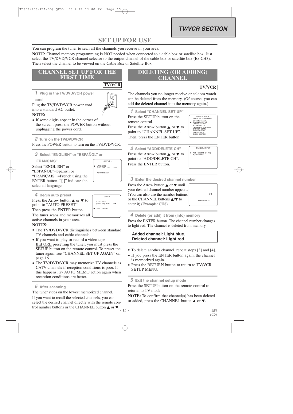 Set up for use, Channel set up for the first time, Deleting (or adding) channel | Emerson EWC19T3 User Manual | Page 15 / 56
