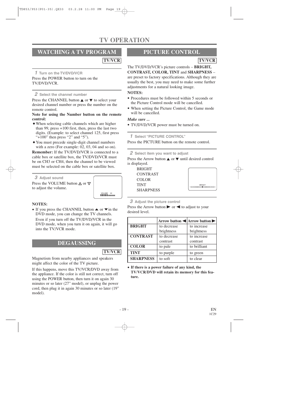 Tv operation, Degaussing, Watching a tv program | Picture control | Emerson EWC19T3 User Manual | Page 19 / 56