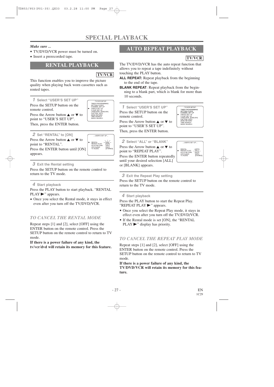 Special playback, Rental playback, Auto repeat playback | Emerson EWC19T3 User Manual | Page 27 / 56