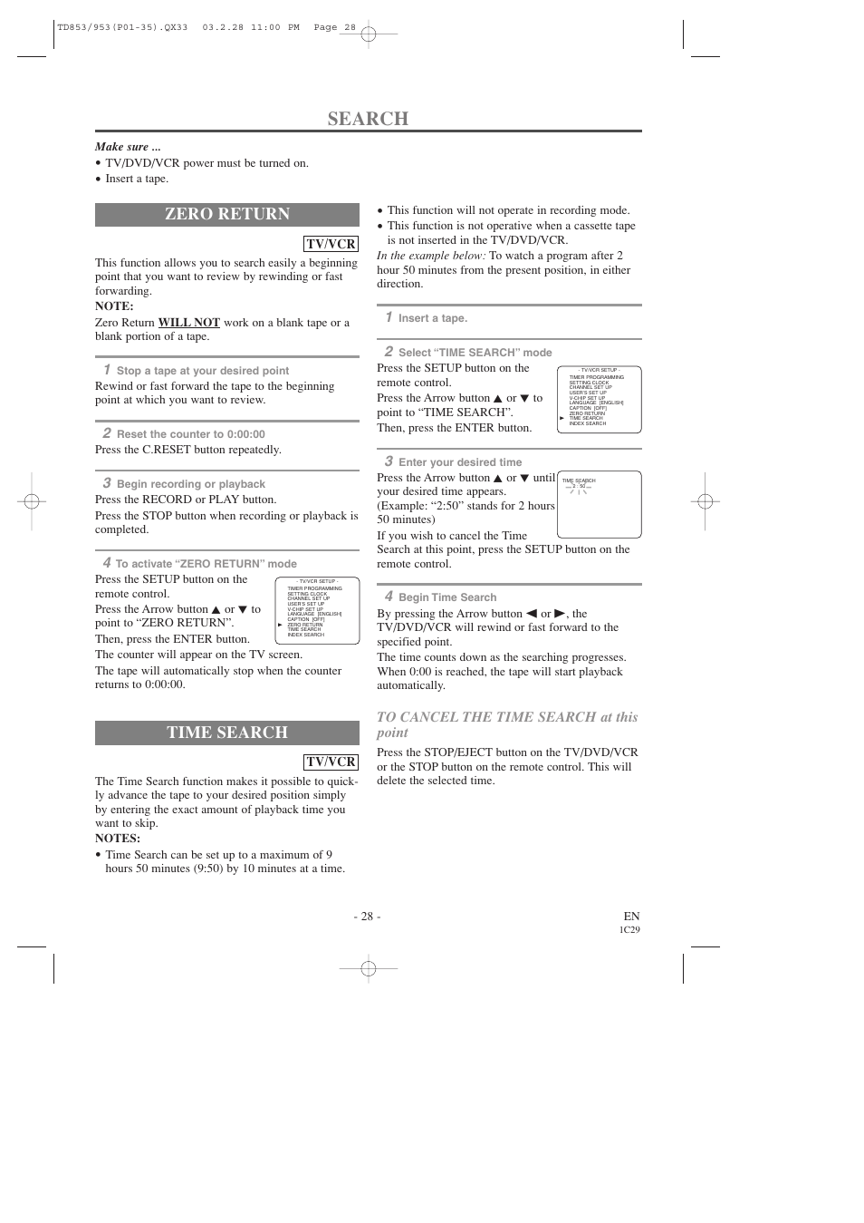 Search, Zero return, Time search | Emerson EWC19T3 User Manual | Page 28 / 56