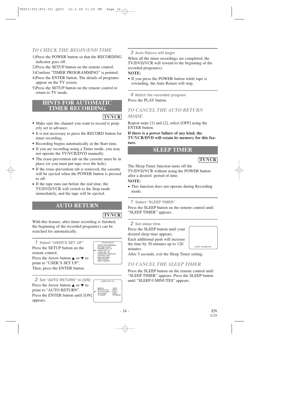 Hints for automatic timer recording, Auto return, Sleep timer | Emerson EWC19T3 User Manual | Page 34 / 56