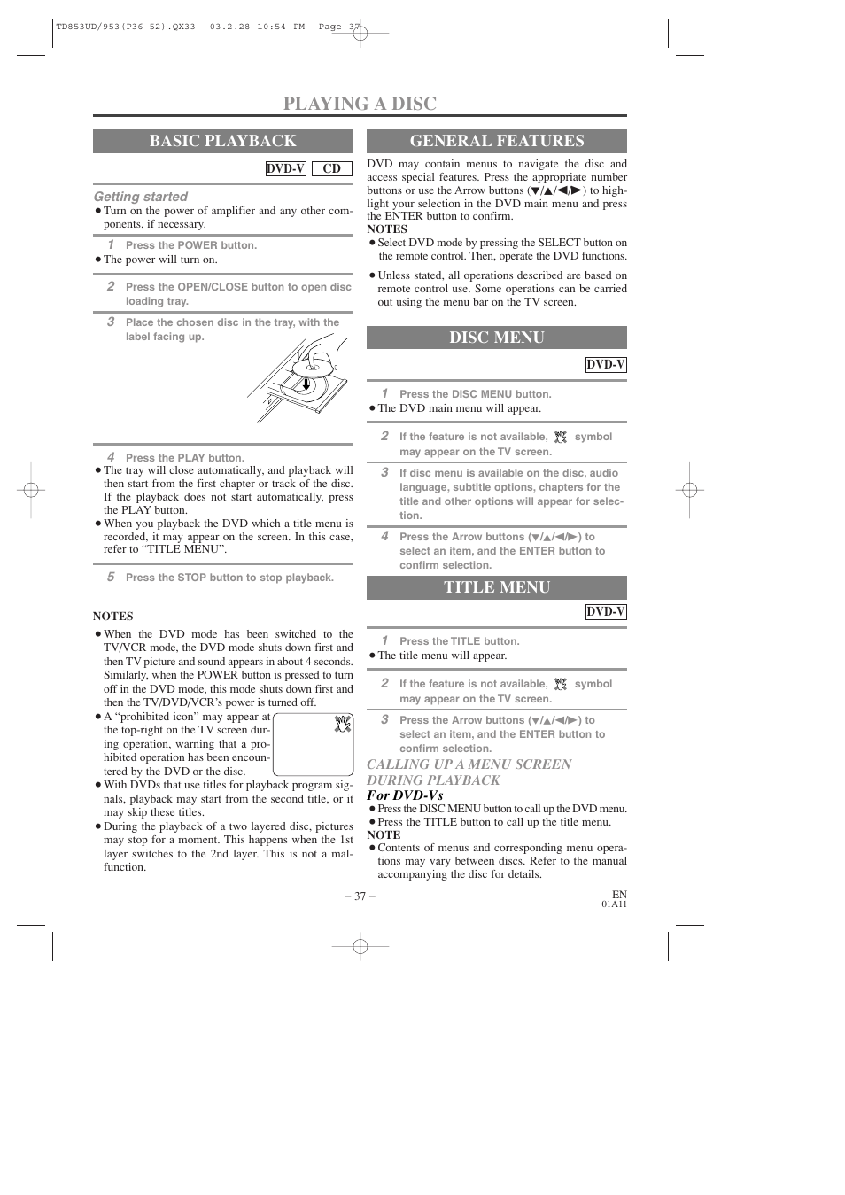 Playing a disc, Basic playback, General features | Title menu, Disc menu | Emerson EWC19T3 User Manual | Page 37 / 56