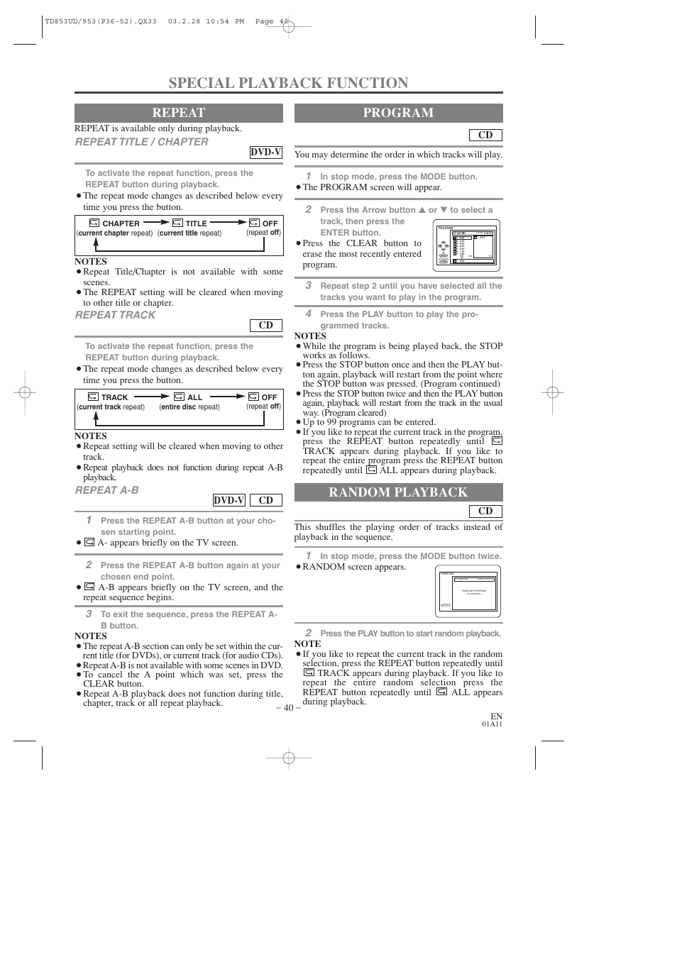 Special playback function, Repeat, Program | Random playback | Emerson EWC19T3 User Manual | Page 40 / 56