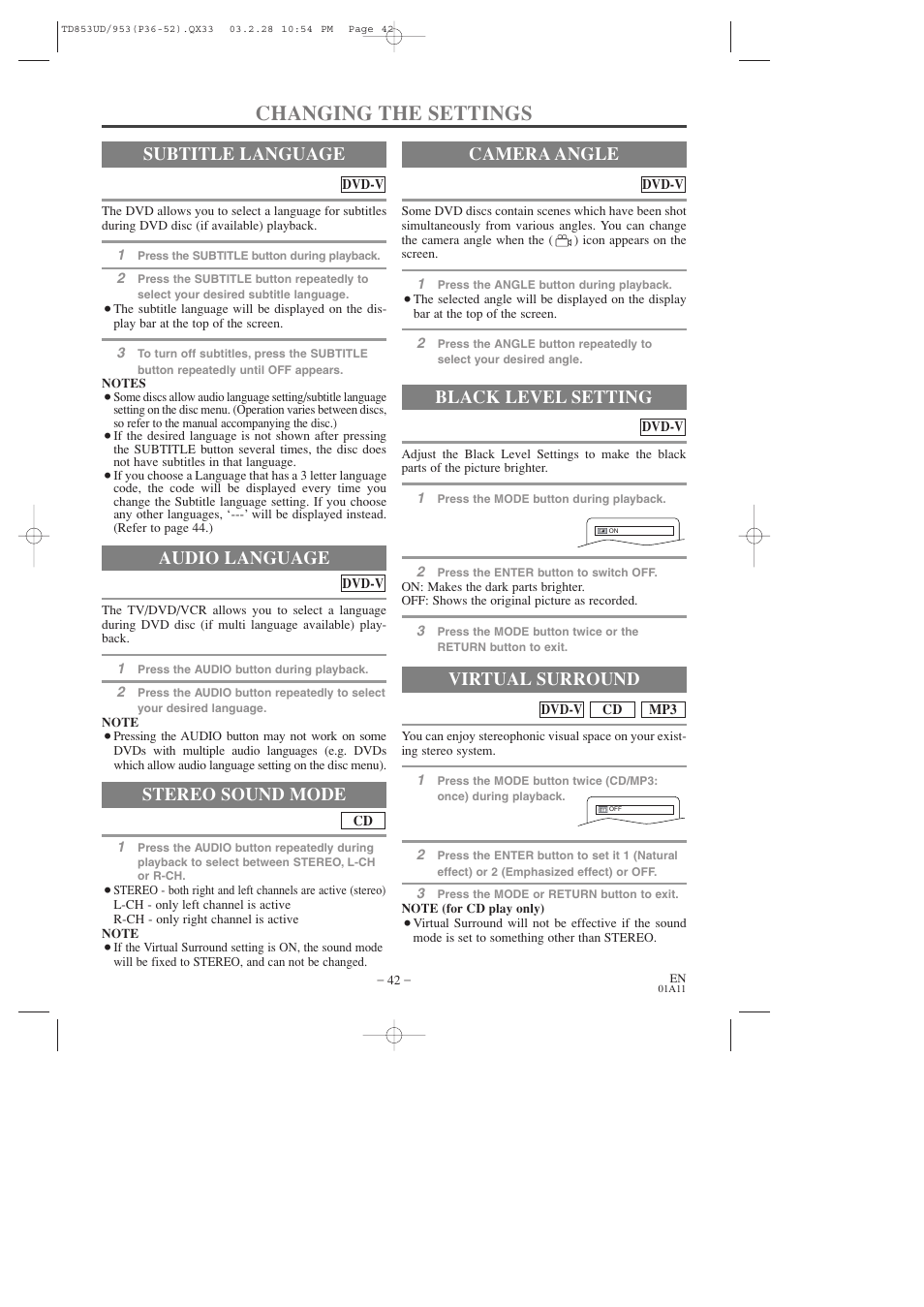 Changing the settings, Audio language, Stereo sound mode | Subtitle language camera angle, Black level setting, Virtual surround | Emerson EWC19T3 User Manual | Page 42 / 56