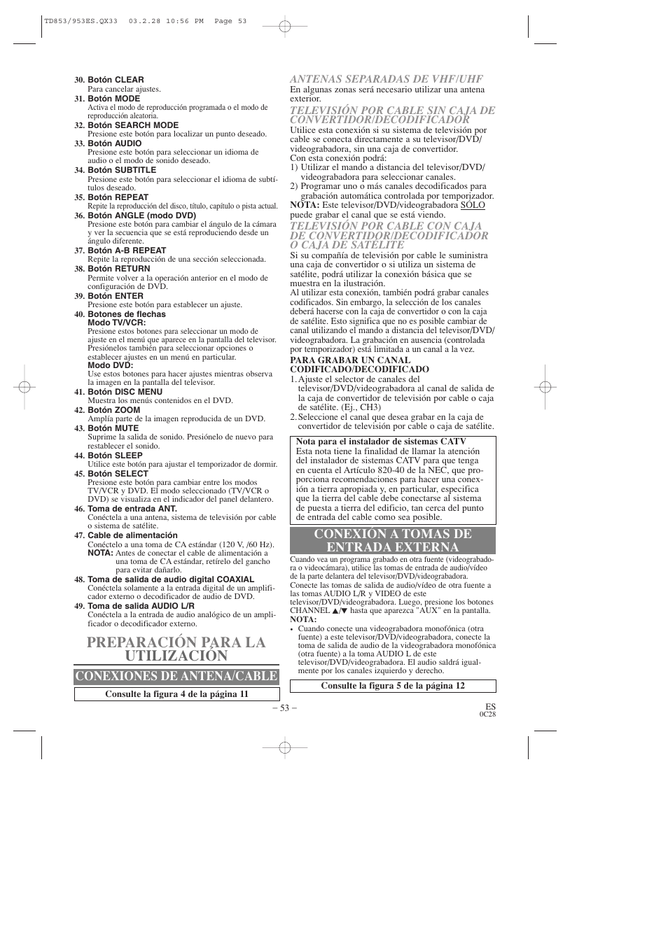 Preparación para la utilización, Conexiones de antena/cable, Conexión a tomas de entrada externa | Emerson EWC19T3 User Manual | Page 53 / 56