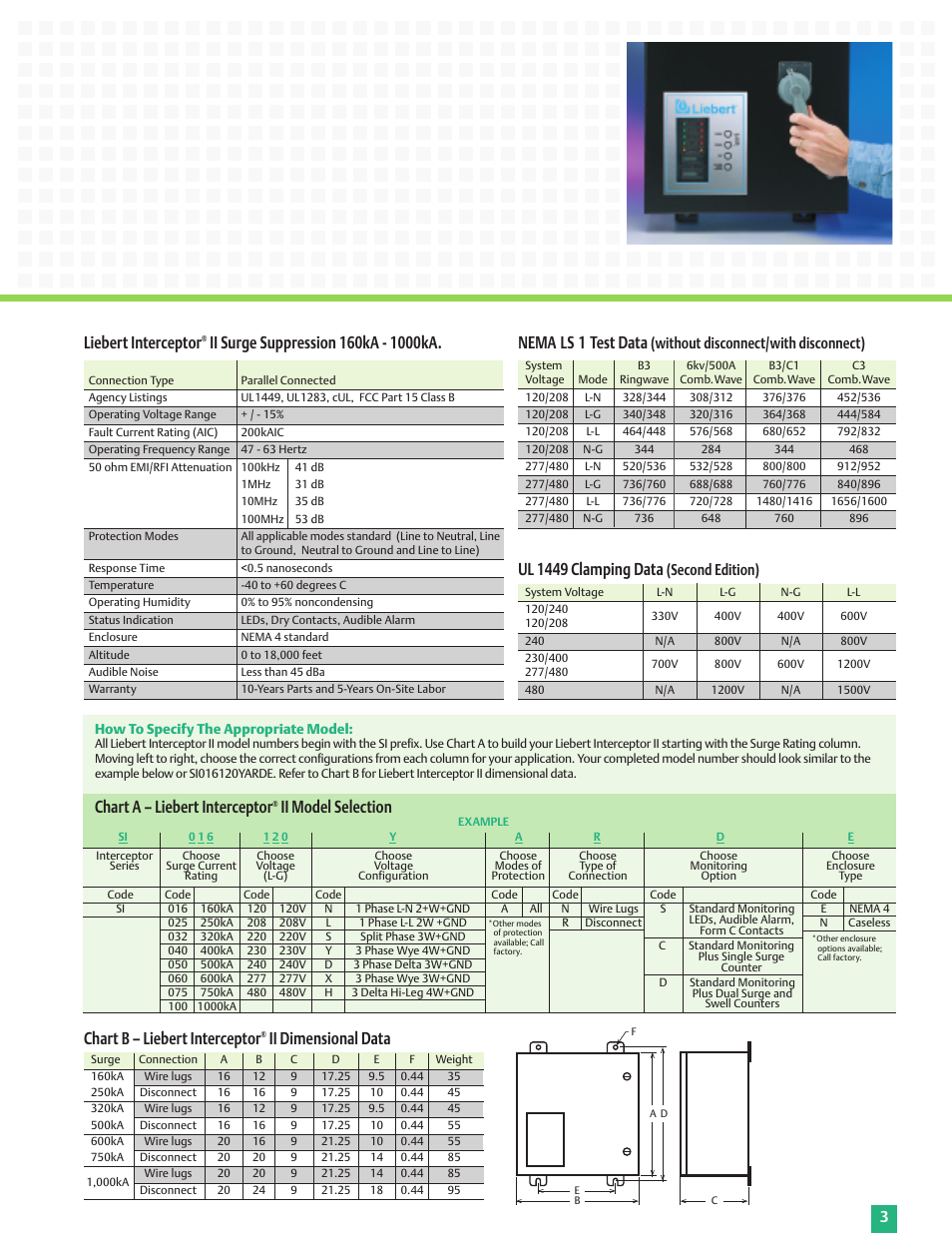 Liebert interceptor, Ul 1449 clamping data, Nema ls 1 test data | Chart a – liebert interceptor, Ii model selection chart b – liebert interceptor, Ii dimensional data, Second edition), Without disconnect/with disconnect) | Emerson Interceptor II TVSS User Manual | Page 3 / 4