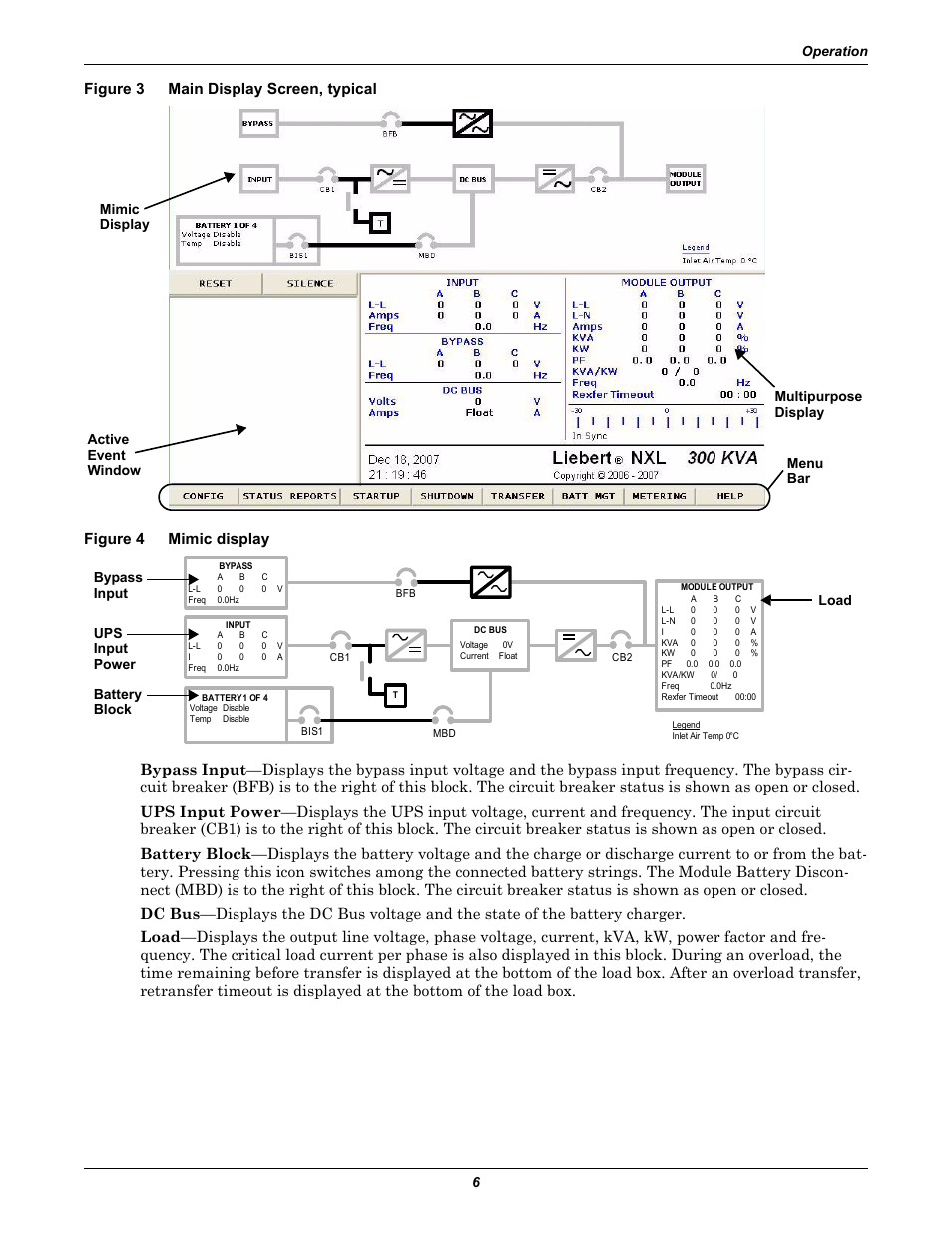 Figure 3 main display screen, typical, Figure 4 mimic display, Figure 3 | Main display screen, typical, Figure 4, Mimic display | Emerson 250-400kVA User Manual | Page 12 / 72