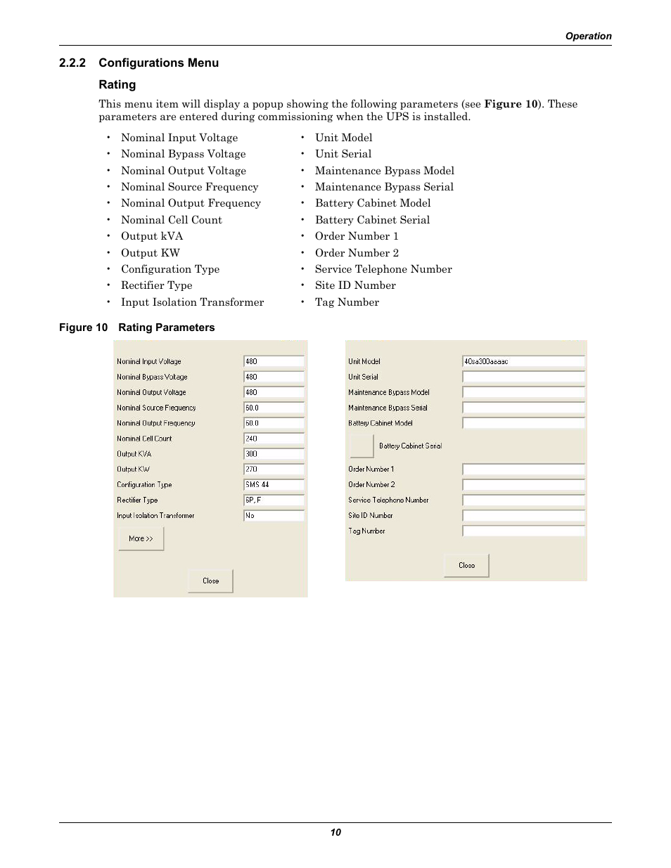 2 configurations menu, Rating, Figure 10 rating parameters | Configurations menu | Emerson 250-400kVA User Manual | Page 16 / 72