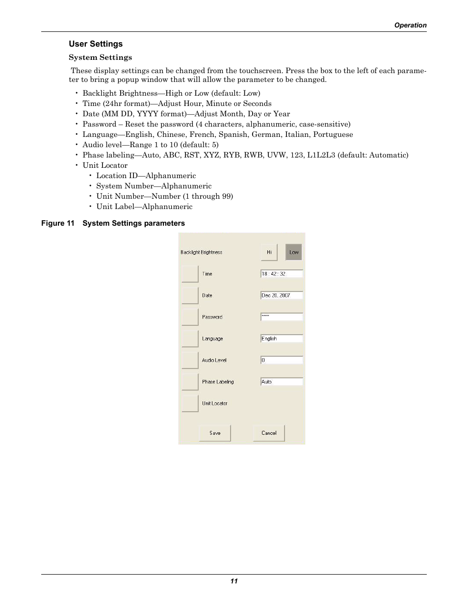 User settings, Figure 11 system settings parameters | Emerson 250-400kVA User Manual | Page 17 / 72