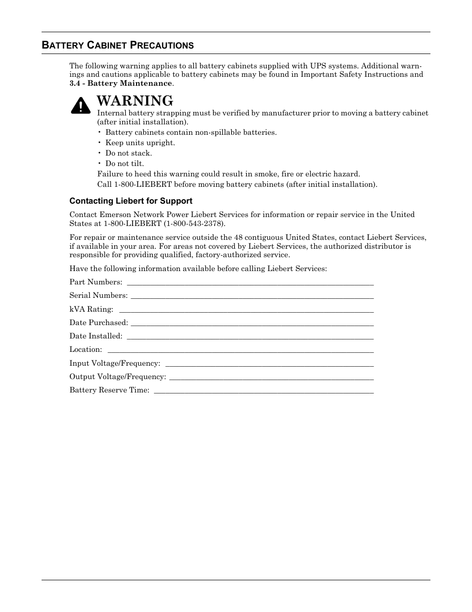 Battery cabinet precautions, Contacting liebert for support, Warning | Emerson 250-400kVA User Manual | Page 2 / 72