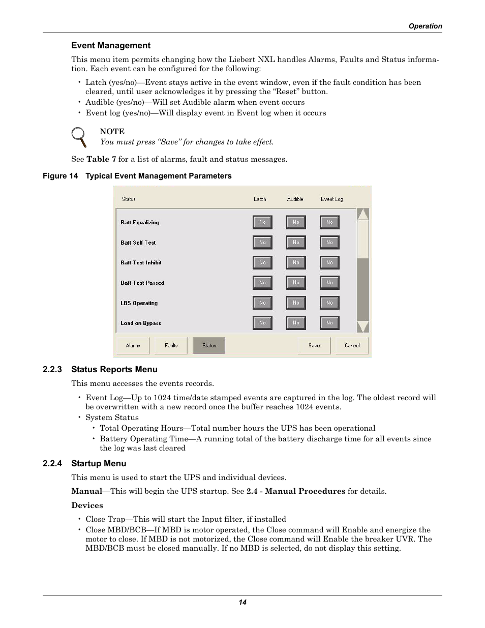 Event management, Figure 14 typical event management parameters, 3 status reports menu | 4 startup menu, Status reports menu, Startup menu | Emerson 250-400kVA User Manual | Page 20 / 72