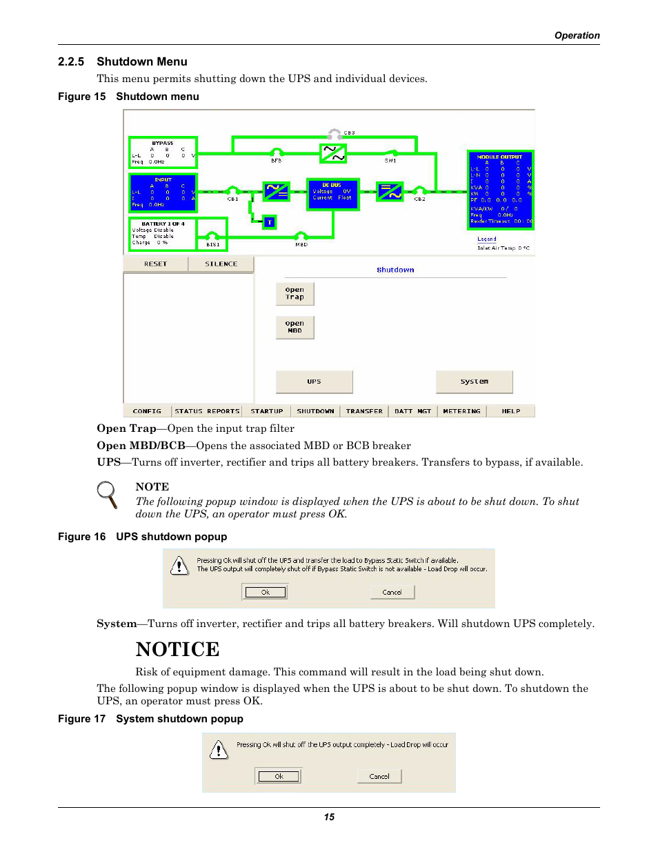 5 shutdown menu, Figure 15 shutdown menu, Figure 16 ups shutdown popup | Figure 17 system shutdown popup, Shutdown menu, Notice | Emerson 250-400kVA User Manual | Page 21 / 72