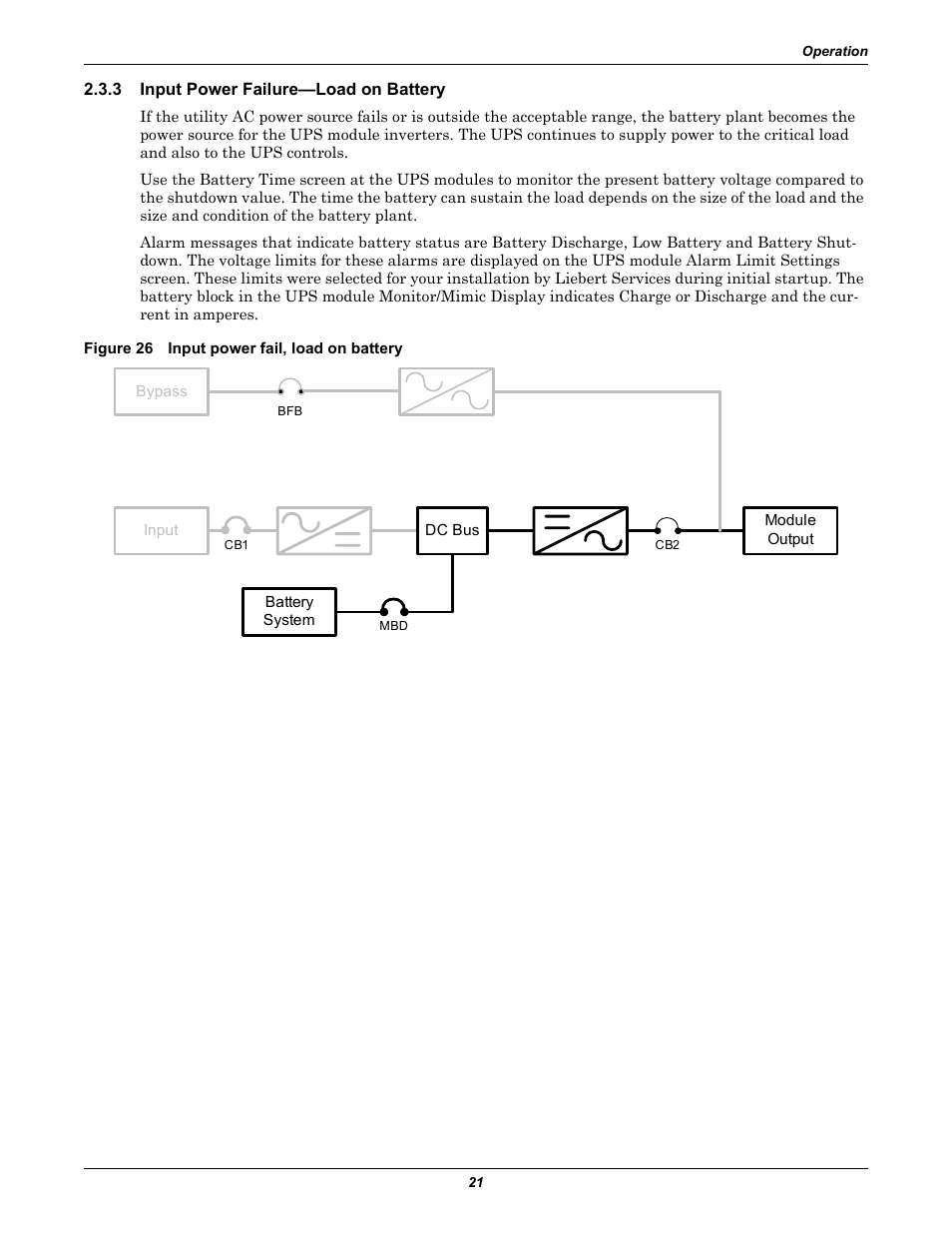 3 input power failure—load on battery, Figure 26 input power fail, load on battery, Input power failure—load on battery | Emerson 250-400kVA User Manual | Page 27 / 72