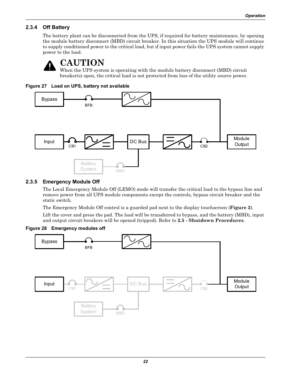 4 off battery, Figure 27 load on ups, battery not available, 5 emergency module off | Figure 28 emergency modules off, Off battery, Emergency module off, Caution | Emerson 250-400kVA User Manual | Page 28 / 72