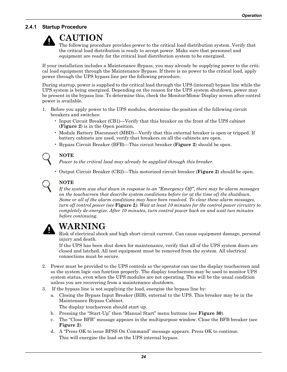 1 startup procedure, Startup procedure, Caution | Warning | Emerson 250-400kVA User Manual | Page 30 / 72