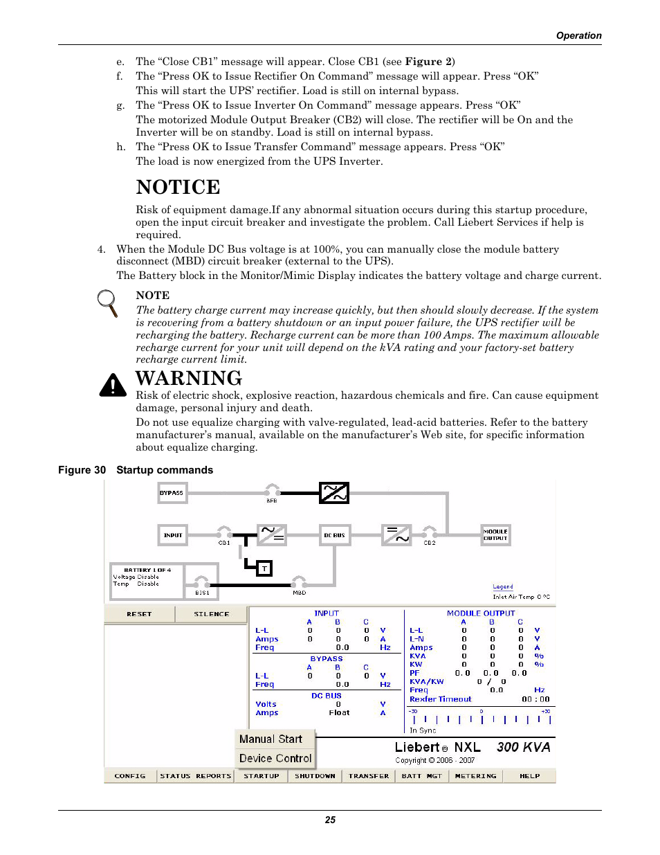 Figure 30 startup commands, Figure 30, Notice | Warning | Emerson 250-400kVA User Manual | Page 31 / 72