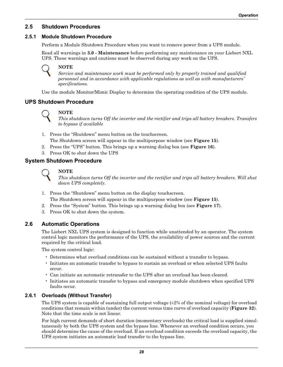 5 shutdown procedures, 1 module shutdown procedure, 6 automatic operations | 1 overloads (without transfer), Shutdown procedures, Module shutdown procedure, Automatic operations, Overloads (without transfer), 6 - automatic operations | Emerson 250-400kVA User Manual | Page 34 / 72