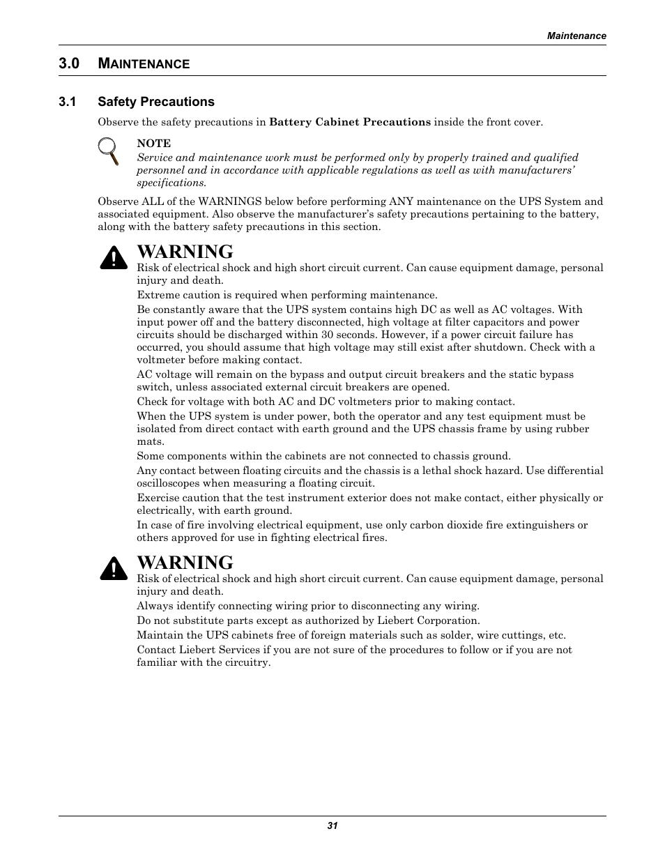 0 maintenance, 1 safety precautions, Aintenance | Safety precautions, 0 - maintenance, Warning | Emerson 250-400kVA User Manual | Page 37 / 72