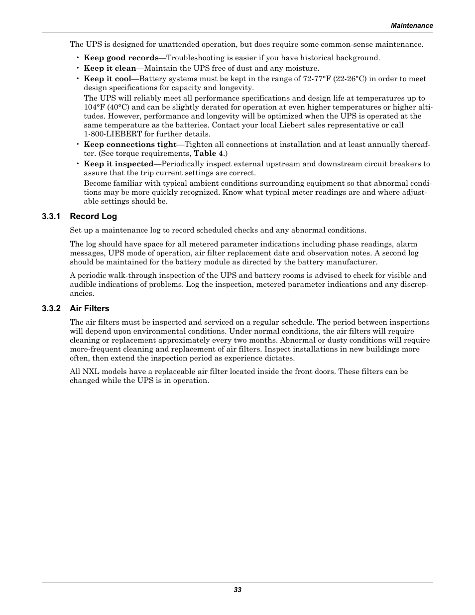 1 record log, 2 air filters, Record log | Air filters | Emerson 250-400kVA User Manual | Page 39 / 72