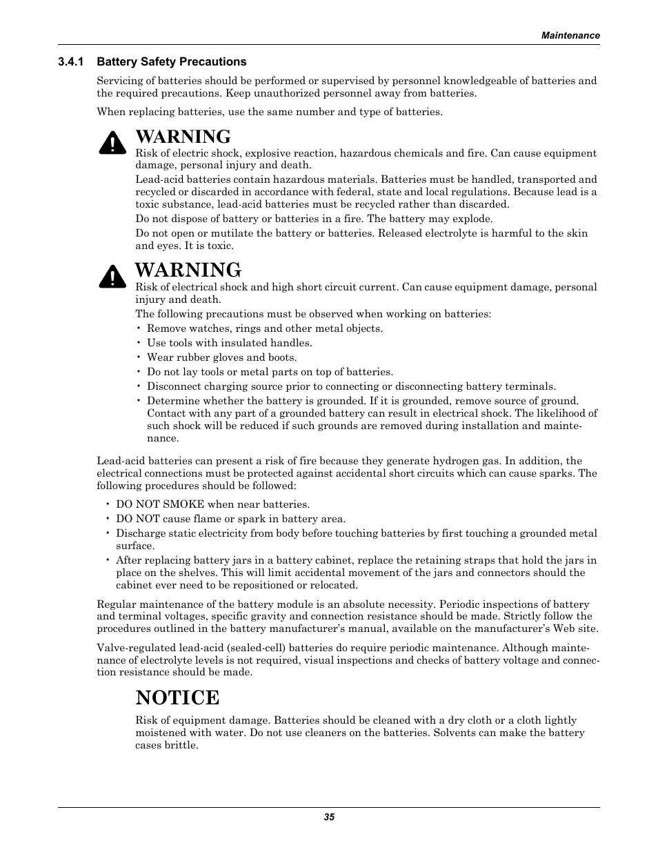 1 battery safety precautions, Battery safety precautions, Notice | Warning | Emerson 250-400kVA User Manual | Page 41 / 72