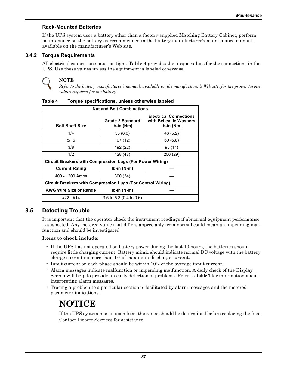 Rack-mounted batteries, 2 torque requirements, 5 detecting trouble | Torque requirements, Detecting trouble, Table 4, Torque specifications, unless otherwise labeled, Notice | Emerson 250-400kVA User Manual | Page 43 / 72